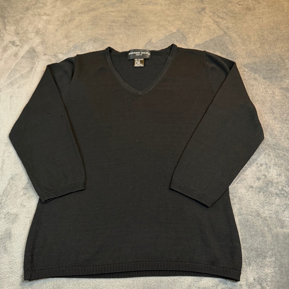 August Silk Knits Sweater Womens Medium Black 100% Silk 3/4 Sleeve V Neck